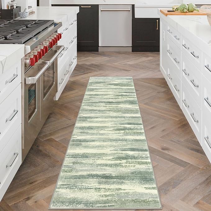 Modern Abstract Runner Rug 2x6, Sage Green Grey Washable Entryway Runner Non-Slip Soft Hallway Rug Runner Thin Print Faux Wool Carpet for Kitchen Bedroom Laundry Room Indoor