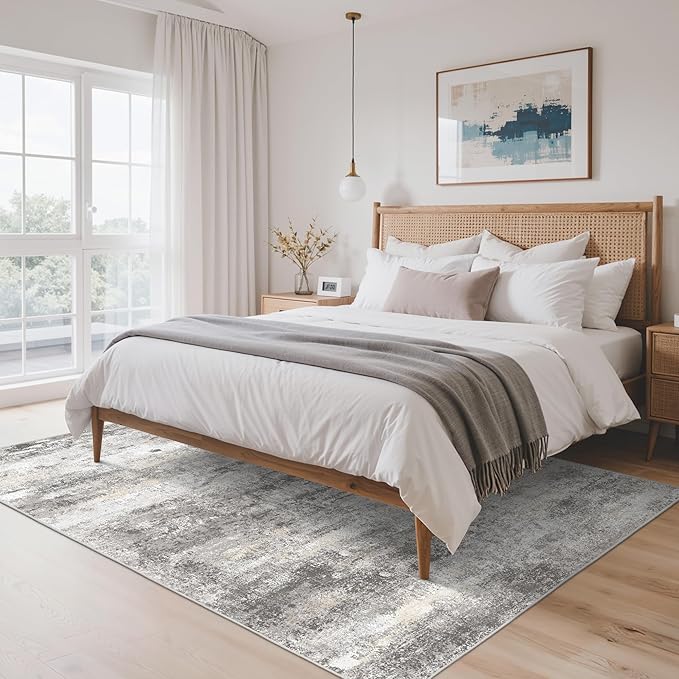 5x7 Area Rugs Washable Grey Rug for Living Room Bedroom, Modern Abstract Large Rug Non Slip, Water Repellent Low Pile Soft Carpet for Dining Room, Home Office, Grey Beige