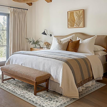 Bavni 5x7 Area Rugs for Living Room, Floral Rug Machine Washable Non Slip, Vintage Boho Forest Carpet, Soft Low Pile Thin Lightweight Rugs for Bedroom, Farmhouse, Dining Room Office, Mist Grey/Ivory