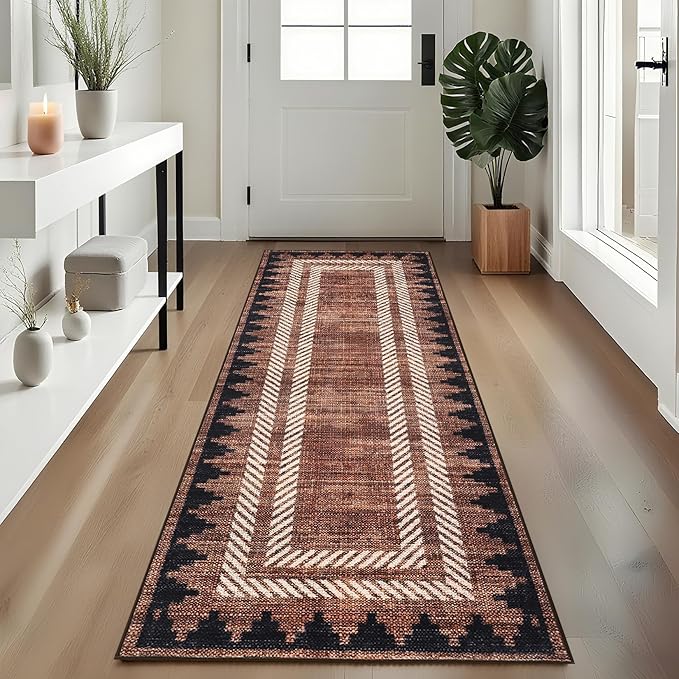 Modern Bordered 2x6 Kitchen Runner Rugs Non Slip Washable Geometric Non-Shedding Carpet for Entryway Hallway Foldable Soft Stain Resistant Low Pile Rug for Dining Room Bedroom, Brick Red