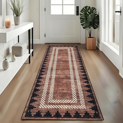 Modern Bordered 2x6 Kitchen Runner Rugs Non Slip Washable Geometric Non-Shedding Carpet for Entryway Hallway Foldable Soft Stain Resistant Low Pile Rug for Dining Room Bedroom, Brick Red