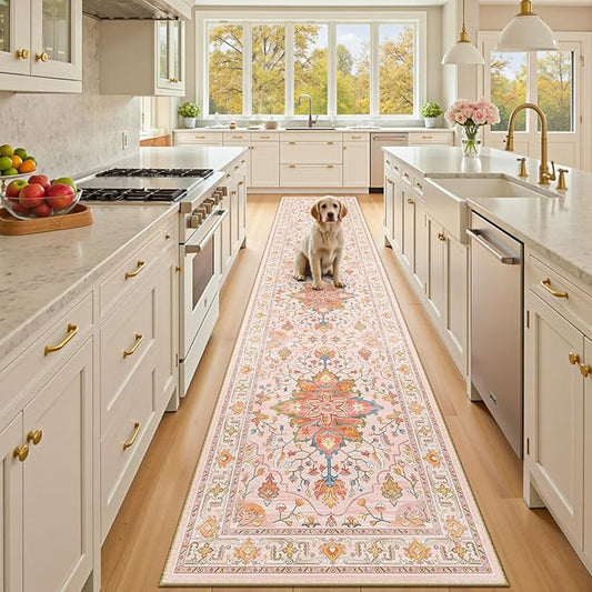 Area Rugs 2'x10' Washable Non-Slip, Floral Vintage Distress Print Pattern Medallion Carpet for Living Room Bedroom Dining Room, Light Pink Colorful