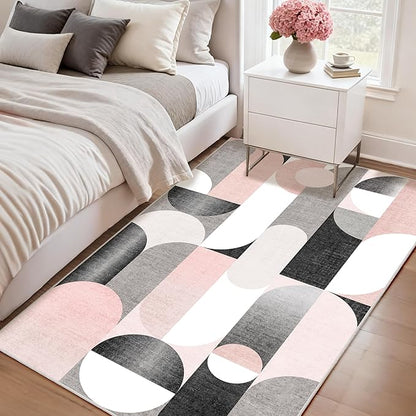 Pink Rug 3x5 Washable Area Rugs for Bedroom Living Room Kitchen Entryway Bedside,Modern Non Slip Carpet,Small Blush Grey Black