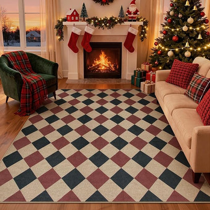 Lahome Checkered Rugs for Living Room, 8x10 Indoor Outdoor Rug Dining Room Office Carpet, Checkerboard Black and Red Washable Non Slip Floor Carpet for Patio Classroom Backyard