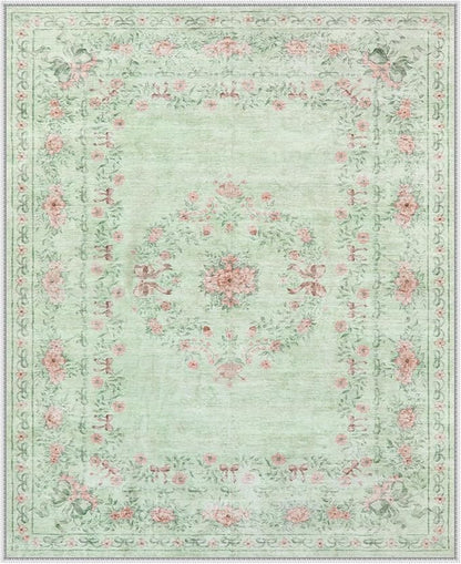Wonnitar Green Area Rug for Living Room, Floral Bow 8x10 Washable Rug, Ultra-Thin Non Shedding Soft Boho Carpet for Bedroom Dining Room Playroom Dorm, Light Green