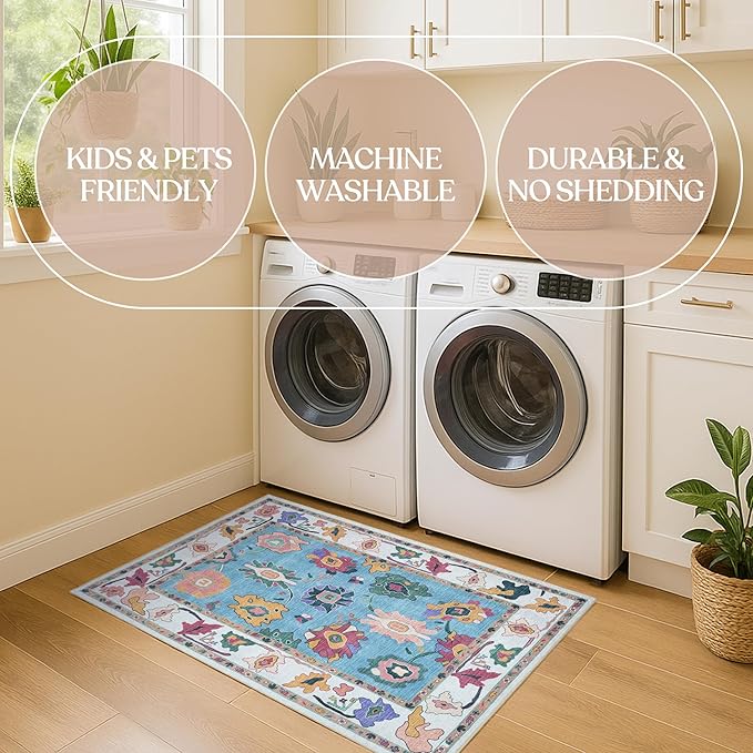Fame Living Colorful Oushak Rug, Modern, Vintage, Turkish, Eclectic, Floral, Pastel, Washable, Extra Large Area Rugs for Living Room, Dining, Bedroom, Lounge, 9'x12'
