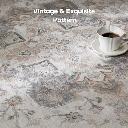 Marsail Area Rug 5x7, Soft & Slip-Resistant Large Area Rug with Reinforced Bound Edges, Vintage Short-Pile Washable Rug with Floral Pattern for Living Room, Dinning Room and Bedroom, Brown