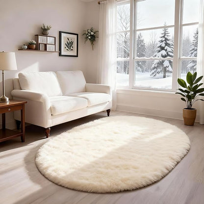 Ophanie 4x6 Oval Ivory Rugs for Bedroom Living Room, Fluffy Fuzzy Furry Carpet, Plush Soft Shaggy Bedside Indoor Floor Area Rug for Kids Girls Boys Baby Teen Dorm Nursery Home Decor Aesthetic