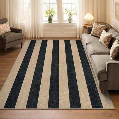 Lahome Striped Easy Jute Outdoor Rug 5x7, Large Neutral Dining Living Room Rug, Farmhouse Non Slip Non Shedding Washable Indoor Outdoor Black Carpet for Office Deck Patio Backyard Bedroom