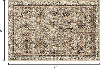 Phantoscope Washable Area Rug 5'x7' Non-Slip, Vintage Neutral Rugs for Living Room, Bedroom, Dining Room, Distressed Boho Floral Medallion Pattern, Low-Pile Foldable Carpet, Brown/Charcoal Spice