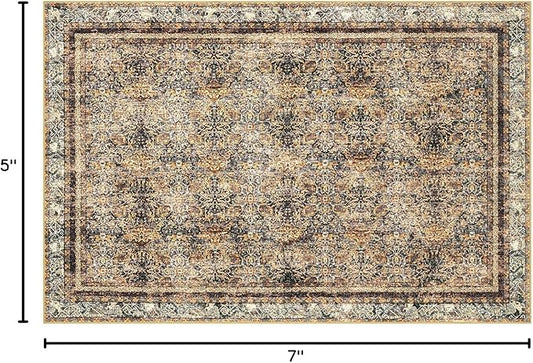 Phantoscope Washable Area Rug 5'x7' Non-Slip, Vintage Neutral Rugs for Living Room, Bedroom, Dining Room, Distressed Boho Floral Medallion Pattern, Low-Pile Foldable Carpet, Brown/Charcoal Spice