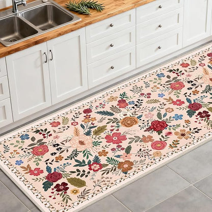 Washable Begie Red 2'6" x 8' Runners for Hallways, Non Slip Long Floor Runner for Kitchen, Entryway Indoor, Stain Resistant Rubber Backing Floral Décor Rug