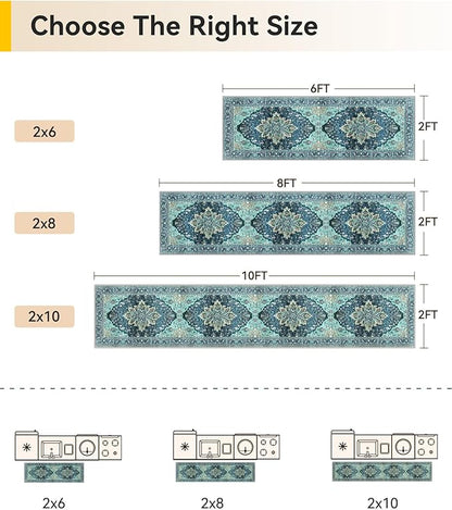 Area Rugs 2'x8' Washable Non-Slip, Floral Vintage Distress Print Pattern Medallion Carpet for Living Room Bedroom Dining Room, Teal Green Lake Blue Turquoise