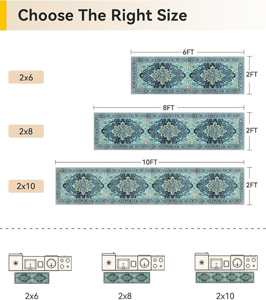 Area Rugs 2'x8' Washable Non-Slip, Floral Vintage Distress Print Pattern Medallion Carpet for Living Room Bedroom Dining Room, Teal Green Lake Blue Turquoise