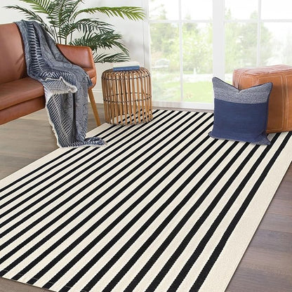 KOZYFLY Black and Beige Striped Rug 4x6 Ft Area Rug Washable Indoor Outdoor Rug Cotton Door Mat for Double Front Door Entryway Patio Porch Living Room Carpet