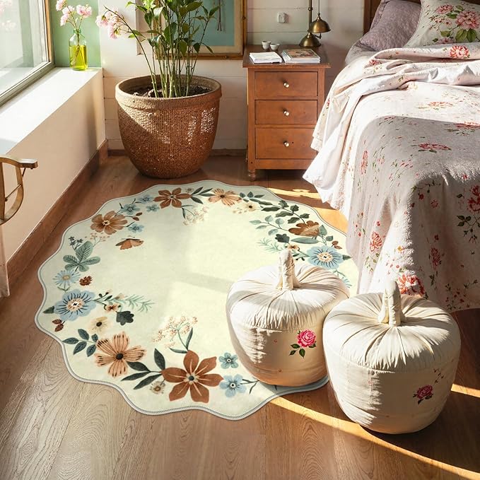 Lahome Floral Round Area Rugs, Washable Small Round Rug 3ft Non-Slip, Soft Boho Ultra-Thin Circle Carpet for Bedroom Entryway Kitchen Laundry Bathroom, Beige
