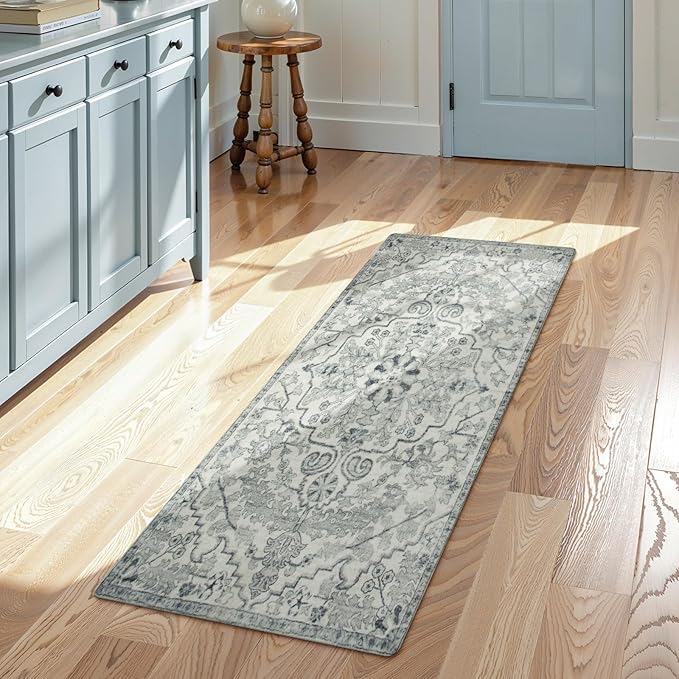 Lahome Washable Runner Rug 2x5, Bohemian Laundry Room Rug Low Pile Bathroom Runner Rugs with Rubber Backing, Printed Non-Slip Throw Carpet Runners for Kitchen Hallway Bedside, Beige