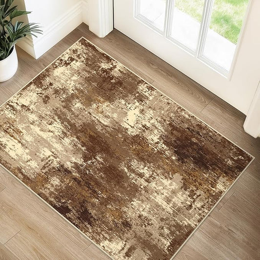 Washable Area Rugs 2'x3' Non-Slip Modern Abstract Soft for Living Room Entryway Bedroom Nursery, Print Pattern, Brown Tan Beige Coffee
