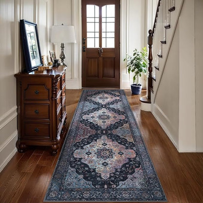 Tangsoo 2x10 Washable Runner Rug for Hallways, Non Slip Vintage Runner Soft Low Pile Long Rug Runner, Print Distressed Navy/Mlulti Carpet Runners for Kitchen Bedroom Entryway Bathroom Living Room