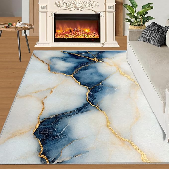 8x10 Abstract Marble Rugs for Living Room - Blue-White-Marble Large Area Rug, Luxury Stone Pattern Modern Boy Nursery Rug Soft Washable for Classroom Office Bedroom Kids Room
