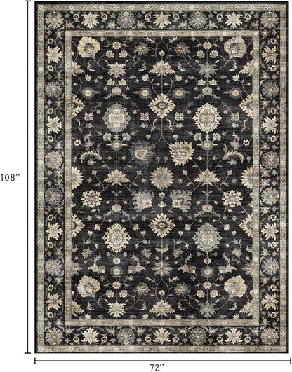 6x9 Area Rug for Living Room - Large Traditional Floral Washable Rugs for Bedroom Non-Slip Charcoal Black Moody Farmhouse Dining Room Rug Low-Pile Carpet Soft Vintage Rug for Office Guest Room