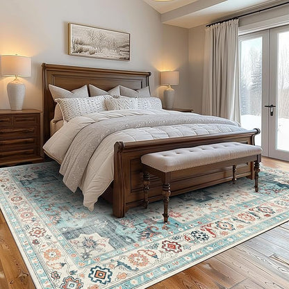 GENIMO 9x12 Area Rugs for Living Room, Machine Washable Non Slip Vintage Rugs, Low Pile Lightweight Chenille Print Rug for Bedroom, Dining Room, Home Office, Turquoise