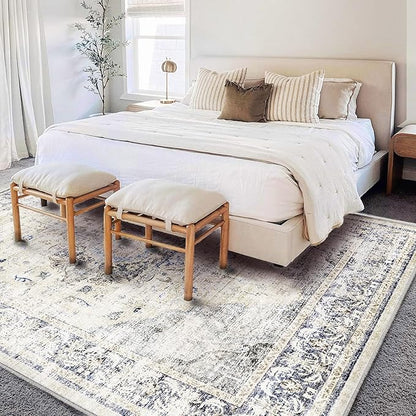 Washable Area Rug 10'x14' Floral Blue Boho Design Non-Shedding Easy Care Ideal for High Traffic Areas in Living Room Bedroom Office Coffee Table Kitchen Large Carpet