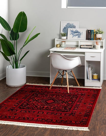 Unique Loom Tekke Collection Area Rug - Sheibani (7' 10" Square, Red/ Black)