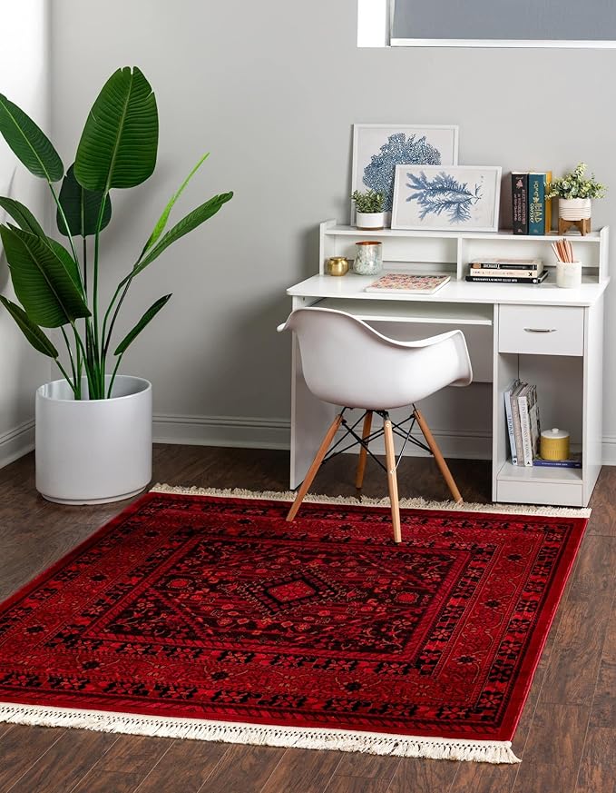 Unique Loom Tekke Collection Area Rug - Sheibani (5' 3" Square, Red/ Black)