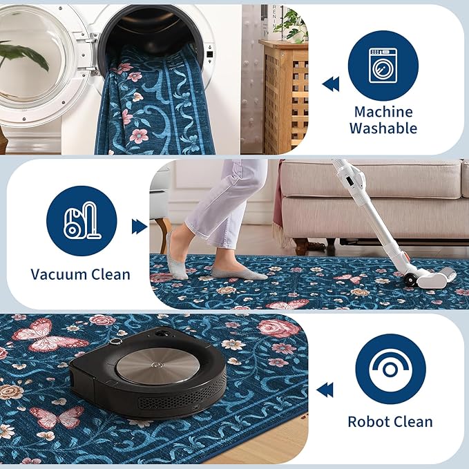 GarveeHome Washable Floral Area Rug 5x7 for Living Room Non Slip Bedroom Rug Soft Stain Resistant Large Dining Room Throw Carpet Low Pile Blue Bow Rugs Butterfly Flower Carpet for Nursery Entry, 5x7