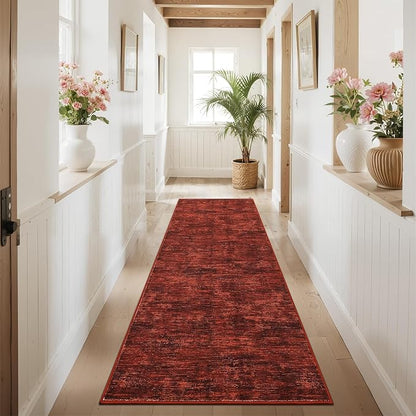 RUGSREAL Modern Runner Rug 2.5x8 Stain Resistant Washable Kitchen Runner Carpet with Rubber Backing Low Pile Contemporary Solid Color Entryway Mat Ultra Soft Rug for Living Room Bedroom, Red
