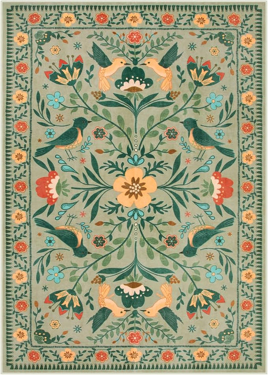 Moynesa Living Room Rug 5x7, Washable Modern Farmhouse Green Area Rugs for Bedroom Dining Room, Country Floral Bird Print Pattern Carpet, Aesthetic Home Decorations Open Floor Areas Protection