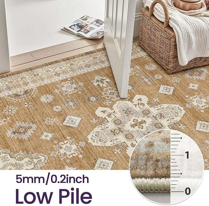 DEXI 4x6 Area Rug for Living Room, Washable Vintage Farmhouse Thin Rug Indoor Floor, Non Slip Stain Resistant Low Pile Carpet for Dining Room Bedroom Office, Light Brown