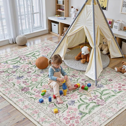 Lahome Boho Purple Floral 5x7 Area Rugs, Washable Rugs for Bedroom Nursery Decor, Soft Non-Slip Lavender Carpet for Kids Room Girls Playroom Living Room, Pale Lilac/Pink