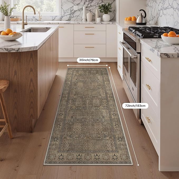 Bavni 2'6''x6 Rug Runners for Hallways, Washable Runner Rug Non Slip, Vintage Floral Print Style Rugs for Bedroom-Lightweight Low Pile Carpet for Hallways Bathroom, Brown