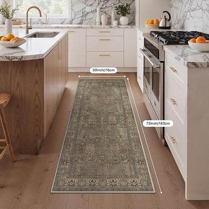Bavni 2'6''x6 Rug Runners for Hallways, Washable Runner Rug Non Slip, Vintage Floral Print Style Rugs for Bedroom-Lightweight Low Pile Carpet for Hallways Bathroom, Brown