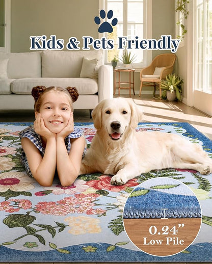 Door Mat Entrance 2x3 Rug - Floral Rugs Washable Small Area Rug Non-Slip Stain Resistant Low Pile Flower Print Throw Rugs for Indoor Entryway, Bedroom, Kitchen, Front Door, Entry - Blue