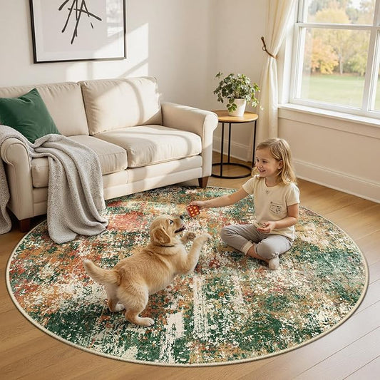 Washable Area Rugs 6ft Non-Slip Modern Abstract Soft for Living Room Entryway Bedroom Nursery, Print Pattern, Green Orange Rust Red Cream Colorful