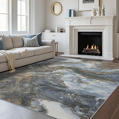 Modern Washable Rug for Living Room: Abstract 5x7 Area Rugs for Bedroom Low Pile Non Slip - Stain Resistant Carpet for Dining Room Indoor - Grey Gold