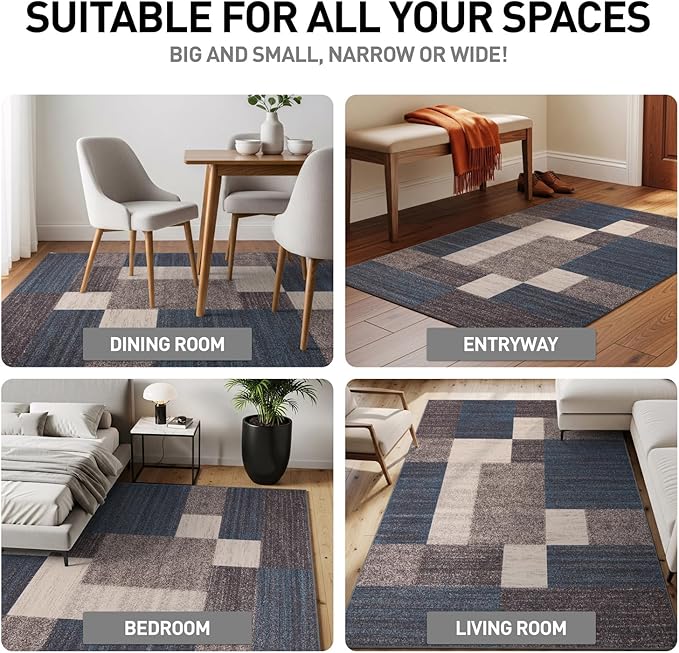 Rugshop Contemporary Blue Geometric Boxes Non-Slip Area Rug Non-Shedding for Living Room, Dining Room and Office, 2" x 7" (22" X 84")