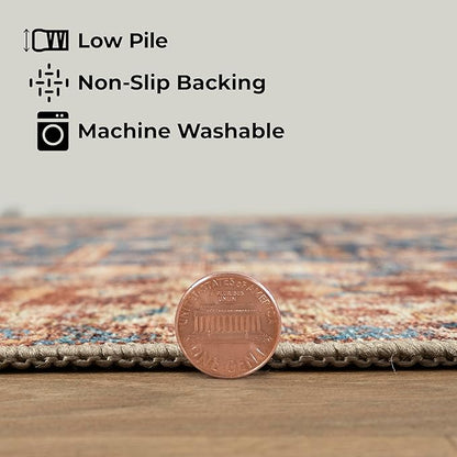 GLN Rugs Traditional Collection - Machine Washable Area Rug, Traditional Washable, Non Slip, Low Pile Chenille Rug, Living Room, Bedroom, Kitchen Rug (5'3" Round Terra/Slate Blue)