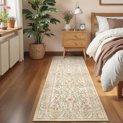 GarveeHome Boho 2x6 Runner Rug for Hallways Non Slip, Vintage Botanical Kitchen Rugs Washable Area Rug for Entryway Stain Resistant, Low Pile Soft Runner Camel Carpet for Bedroom Floor Laundry Room