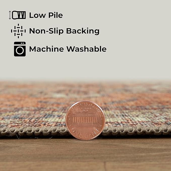 GLN Rugs Traditional Collection - Machine Washable Area Rug, Traditional Washable, Non Slip, Low Pile Chenille Rug, Living Room, Bedroom, Kitchen Rug (6' x 9' Terra/Multicolor)