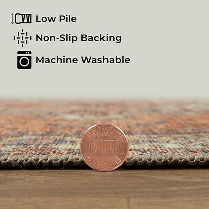 GLN Rugs Traditional Collection - Machine Washable Area Rug, Traditional Washable, Non Slip, Low Pile Chenille Rug, Living Room, Bedroom, Kitchen Rug (2' x 3' Terra/Multicolor)
