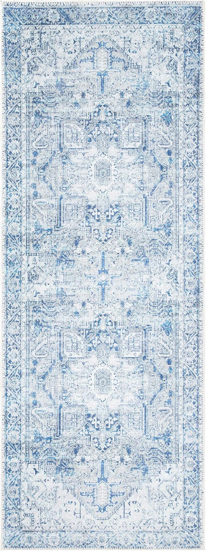 Bloom Rugs Washable Non-Slip 12 ft Runner - Blue/Gray Traditional Runner for Entryway, Hallway, Bathroom, and Kitchen - Exact Size: 2.5' x 12'