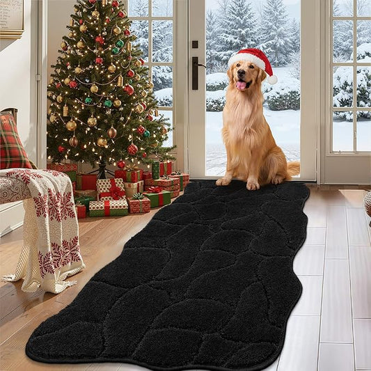 Large Dog Door Mat for Muddy Paws, 22x47 Absorbent Dirt Trapper Long Door Mat, Non-Slip Washable Mud Mat for Dogs, Polyester Microfiber Soft Pet Rug Mat for Entryway, Mud Dog Paws, Patio (Black)