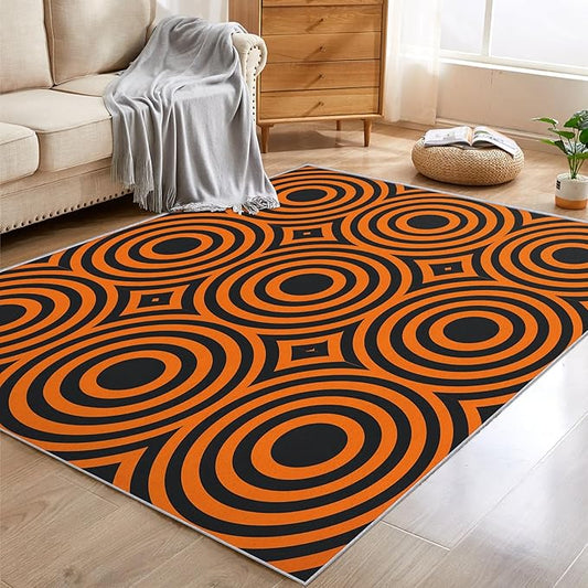 8x12 Geometric Circle Rugs for Bedroom Decor, Washable Retro 60s 70s Geometry Pattern Area Rug, Living Room Home Decoration, Non Slip Soft Thin, Black Orange Decor Large Carpet PF-P 49