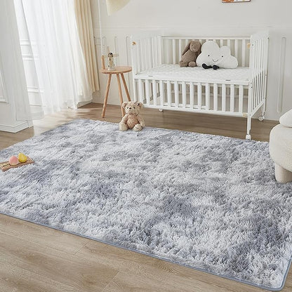 Andency 8x10 Area Rugs for Living Room, Upgrade Non-Slip Fluffy Soft Large Shag Bedroom Carpet, Tie-Dyed Light Grey Big Indoor Thick Nursery Rug for Kids Dorm Home Decor Aesthetic