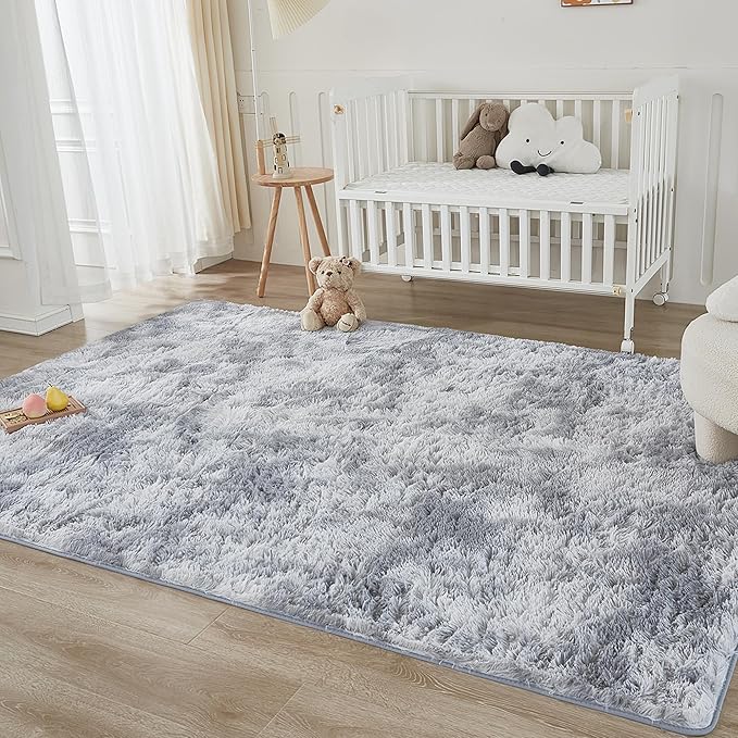 Andency 6x9 Area Rugs, Large Shag Fluffy Soft Shaggy Rugs for Living Room Bedroom, Non-Slip Tie-Dyed Light Grey Thick Plush Carpet for Kids Girls and Boys, Dorm Nursery Home Decor Aesthetic