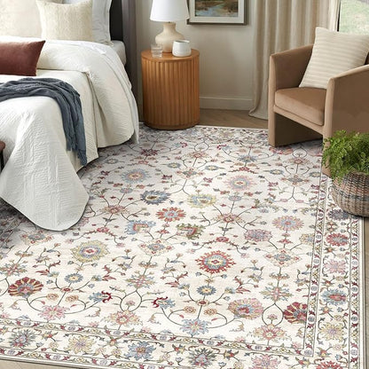 6x9 Area Rug for Living Room - Large Traditional Floral Washable Rugs for Bedroom Non-Slip Colorful Boho Dining Room Rug Low-Pile Cream Farmhouse Carpet Soft Vinatge Bohemian Foyer Rug
